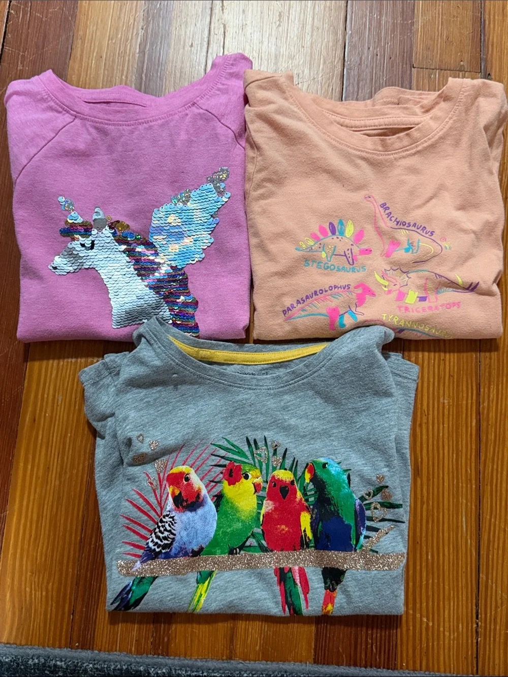 Kids Sequin Unicorn & Dino Graphic Tops - Pink, Peach, Gray